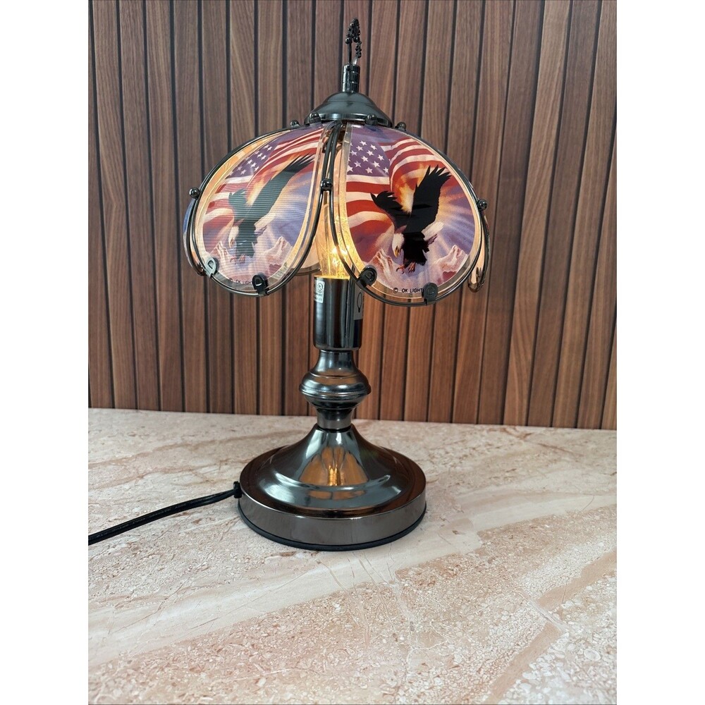 Vtg 3 Way Touch Lamp OK LIGHTING Bald Eagle Mountains Glass Panels American Flag